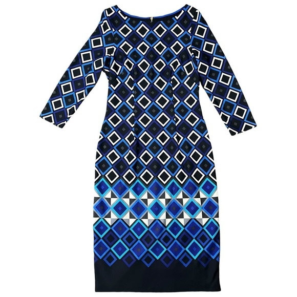 Eliza J Geometric Pattern Fitted Long Sleeve Midi Dress sz 8 - Picture 2 of 13